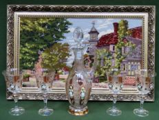 Bohemian crystal decanter set with relief floral decoration, plus embroidered tapestry within gilded