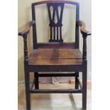 Antique country style oak armchair. Approx. 91 x 59 x 44.5cms reasonable used condition with minor
