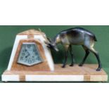 Art Deco marble effect mantle clock, with mounted bronze effect figure of an Antelope, by H. Molins,