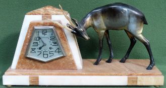 Art Deco marble effect mantle clock, with mounted bronze effect figure of an Antelope, by H. Molins,