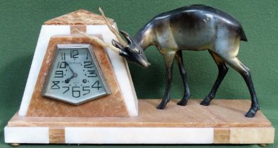 Art Deco marble effect mantle clock, with mounted bronze effect figure of an Antelope, by H. Molins,