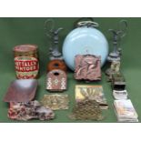 Sundry lot Inc. Pair of metal ewers, brass items, bed warmer, soapstone carvings, material pattern