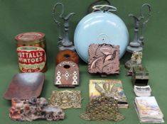 Sundry lot Inc. Pair of metal ewers, brass items, bed warmer, soapstone carvings, material pattern