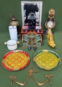Sundry lot Inc. box, clock, trays, letter rack, mirror, enamelled items etc used and unchecked