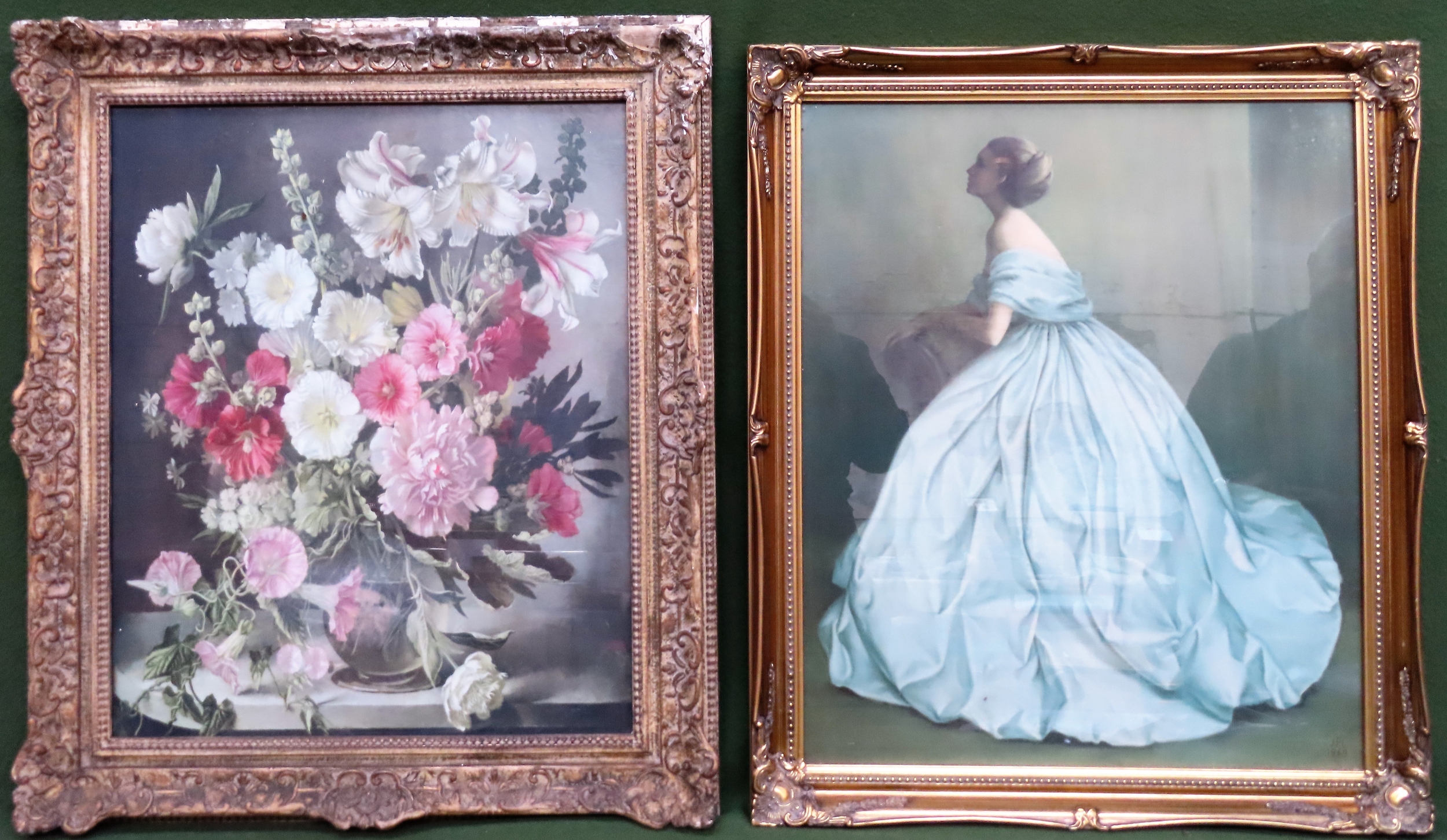 Gilt framed still life vase of flowers print, plus polychrome seated female figure print. Larger