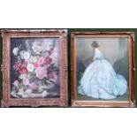 Gilt framed still life vase of flowers print, plus polychrome seated female figure print. Larger