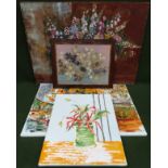 Unframed still life oil on canvas, plus others, framed embroidered silk panel, etc all used