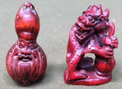 Two hand carved Oriental treen Netsukes used condition