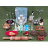 Sundry lot Inc. Mother of pearl inlaid cover, Durand glass bowl, dressing jars, 45 RPM singles,