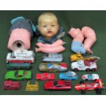 Armand Marseille vintage doll plus various diecast vehicles for restoration