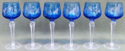 Set of 6 hand cut and etched blue glass stemmed hock glasses Approx. 21.5cms H reasonable used