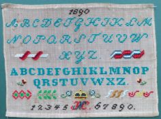Unframed 1890 sampler. Approx. 22 x 29.5cms used with minor discolouration