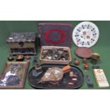 Sundry lot Inc. storage box, inlaid marble plaque, tray, icon, brass handles, etc all used and