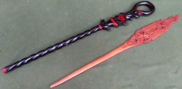 Carved African style walking stick, plus piercework decorated carving both reasonable used condition