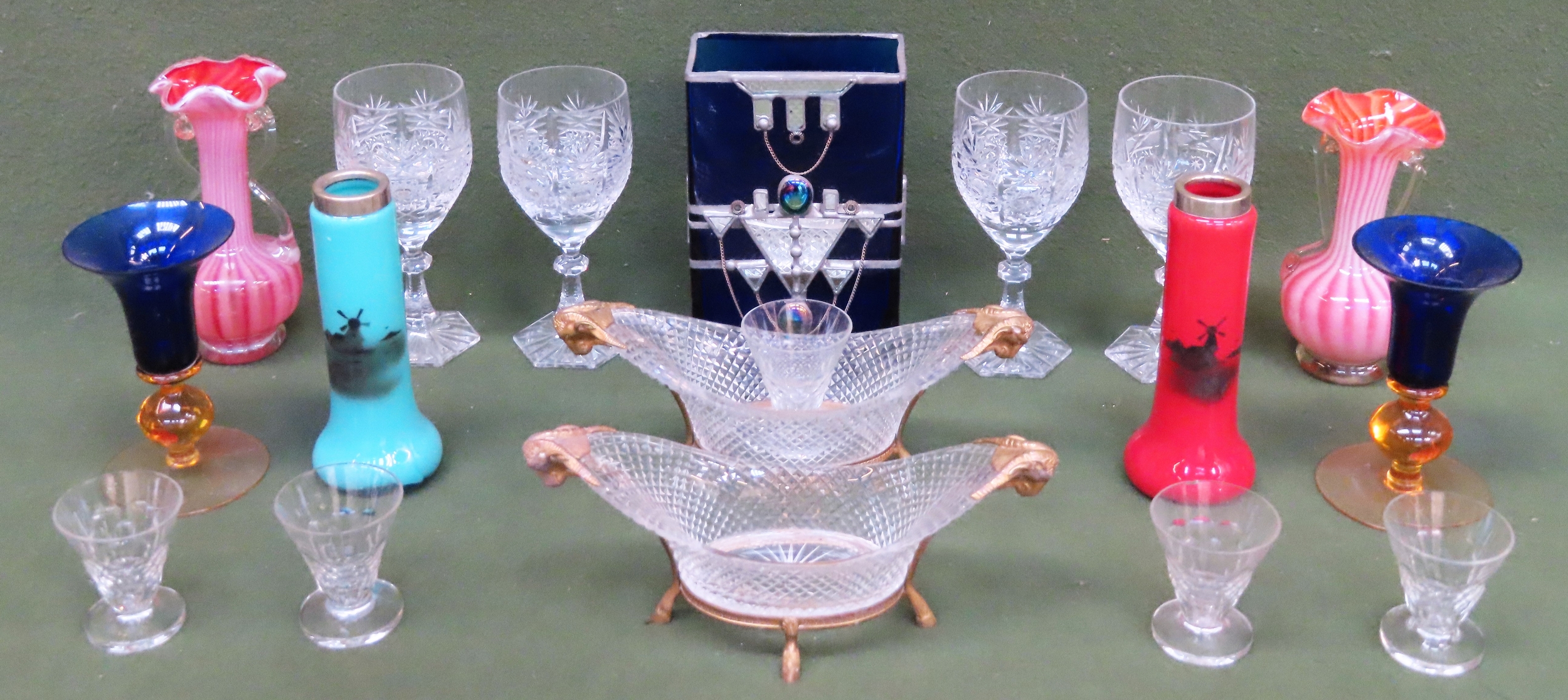 Quantity of coloured and other glassware, gilt mounted dishes etc all appears reasonable used