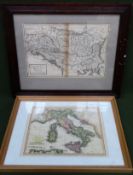 Small framed colour map of Italy, plus monochrome map of regions in Europe. both used. stains to