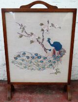 20th century oak framed embroidered firescreen. Approx. 76.5 x 52cms reasonable used condition