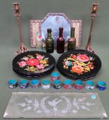 Sundry lot Inc. brass mirror, brass candlesticks, bottles, Russian hand painted plaques, cloisonné