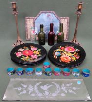 Sundry lot Inc. brass mirror, brass candlesticks, bottles, Russian hand painted plaques, cloisonné