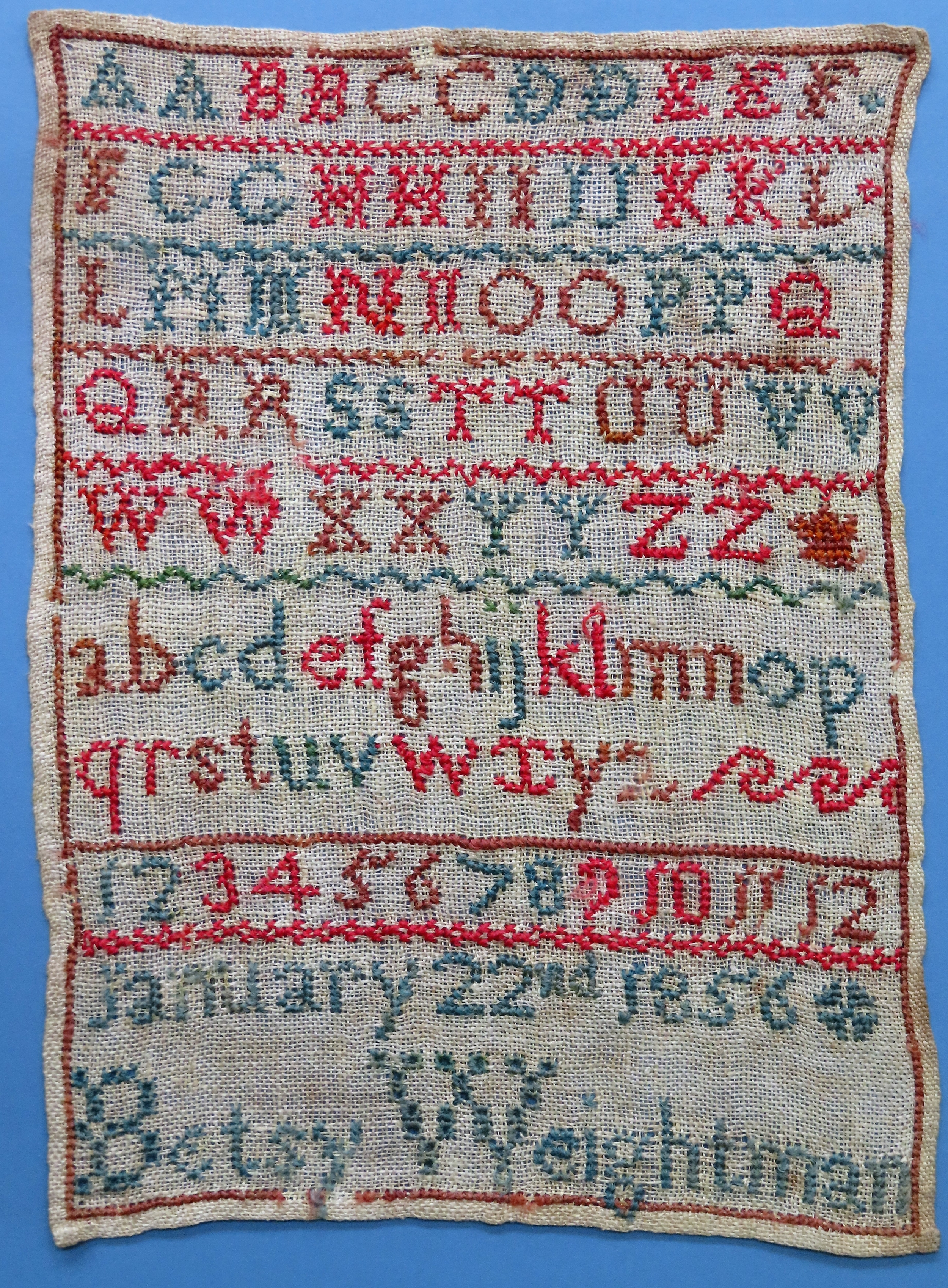 Unframed 1856 sampler. Approx. 29 x 21cms reasonable used condition