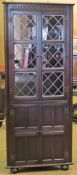 Early/mid 20th century two door oak leaded glass corner display cabinet. Approx. 160 x 68 x 34cms