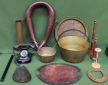 Sundries Inc. old telephone, brass jam pans, shell case, leather tray, cosh, etc all used and