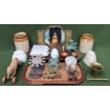 Sundry lot Inc. brass mirror, stands, rotating stamp stand, soapstone carvings, stoneware jars,