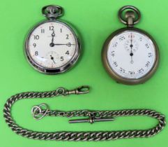 Ingersoll vintage pocket watch, plus vintage stop watch, both with enamelled dials all used and