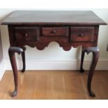 19th century three drawer lowboy, on cabriole supports. Approx. 70 x 82 x 54cms reasonable used