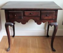 19th century three drawer lowboy, on cabriole supports. Approx. 70 x 82 x 54cms reasonable used