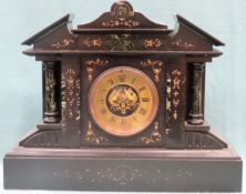 Gilded Black Slate mantle clock. App. 36cm H x 45cm W x 14cm D Used condition, not tested for