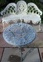 Vintage piercework decorated garden bench with small similar circular table. Bench Approx. 86 x