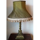 Victorian brass twist decorated table lamp with shade. Approx. 44cms H used condition. not tested