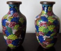 Pair of vintage Oriental floral decorated cloisonne vases. Approx. 17cms H reasonable used condition