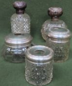 Quantity of silver topped glass dressing table jars, perfume decanter, etc all used and unchecked