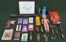 Quantity of sundry items, Inc. retro telephone, brass, doll, playing cards etc all used and