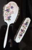Pretty hallmarked silver & guilloche enamelled dressing brushes reasonable used condition