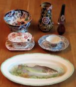 Sundry lot of ceramics Inc. Spode, Masons, etc. Also two pieces of coloured glass all used and