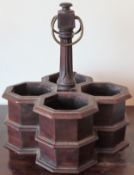 Victorian mahogany four section octagonal stand with brass carry loops, possibly for drinks