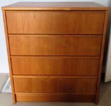20th century teak four drawer bedroom chest. Approx. 90 x 79 x 46cms reasonable used condition