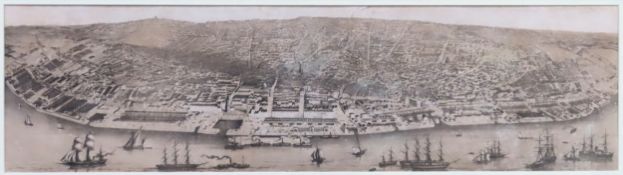 Framed monochrome lithograph depicitng Liverpool in 1855, published by Augustus Harding. Approx.