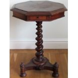 Victorian mahogany octagonal single drawer barley twist decorated side table, on tripod supports.