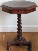 Victorian mahogany octagonal single drawer barley twist decorated side table, on tripod supports.