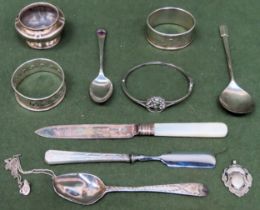 Mixed lot of silver Inc. napkin rings, flatware, open salt, jewellery, etc all used and unchecked