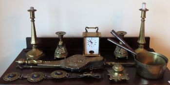 Quantity of brassware Inc. candlesticks, fireside tools, mantle clock, inkwell, etc all used and