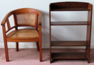 Bergere backed single armchair, plus small set of mahogany open bookshelves both reasonable used