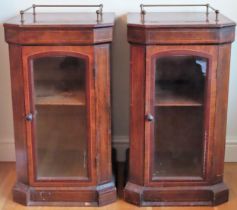 Pair of 19th century mahogany inlaid single door glazed side cabinets, both with brass galleried