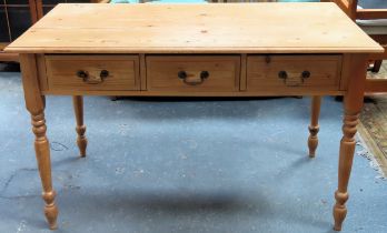 20th century pine three drawer side table/desk. Approx. 76 x 122 x 64.5cms reasonable used condition