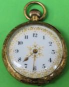 Pretty 18ct gold French style ladies fob watch with hand painted enamelled circular dial used