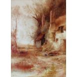 Albert Pollitt - Framed watercolour depicitng 'A Figure by a country cottage'. Approx. 36 x 26cms